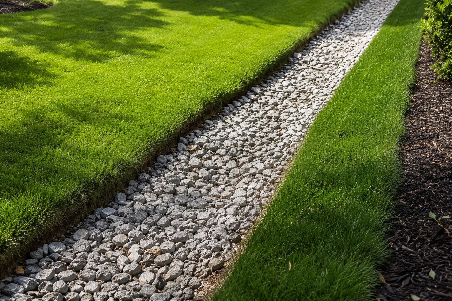 A finished gravel French drain channel running through a healthy green lawn