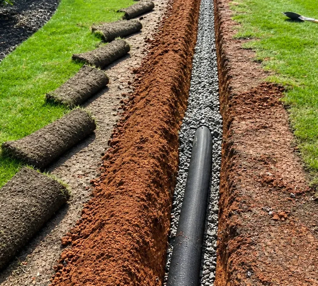 A French drain trench with perforated pipe bedded in gravel and sod rolled back on both sides