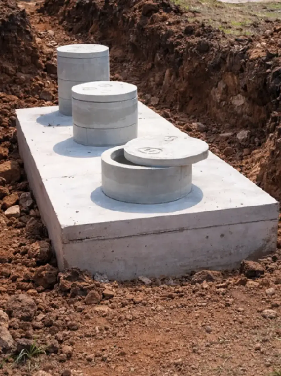 A newly set concrete septic tank in an excavated yard