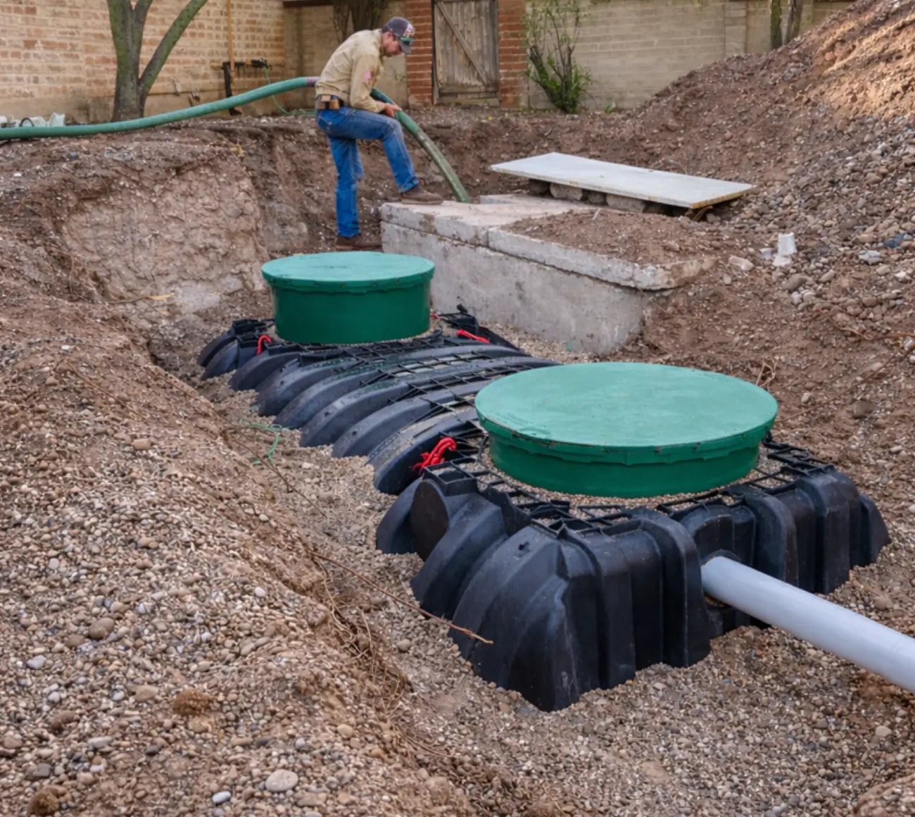A True Septic technician pumping a residential septic tank with green risers