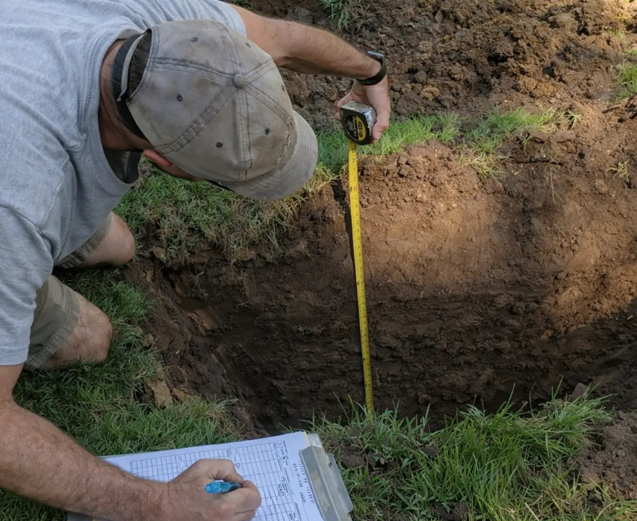 A soil percolation test pit excavated in a rural Oklahoma yard
