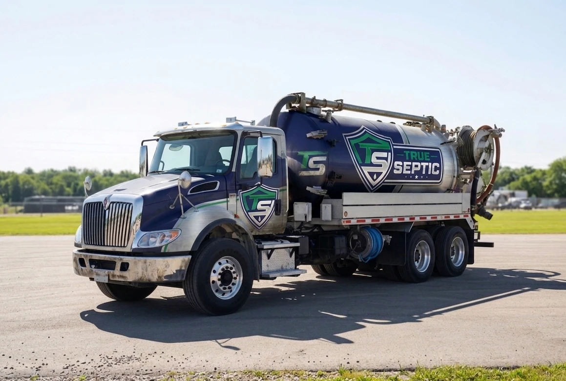 True Septic pump truck, fully wrapped, parked on a job